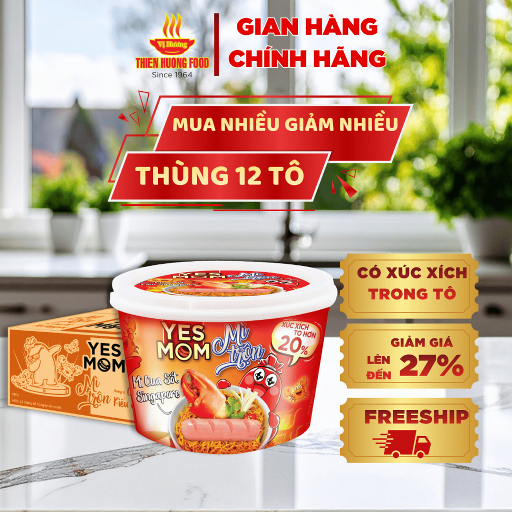 CÓ XÚC XÍCH TRONG TÔ - Thùng 12 tô Mì Trộn Có Xúc Xích Cua Xốt Singapore Yes Mom 113.2gram/tô [TMNBK