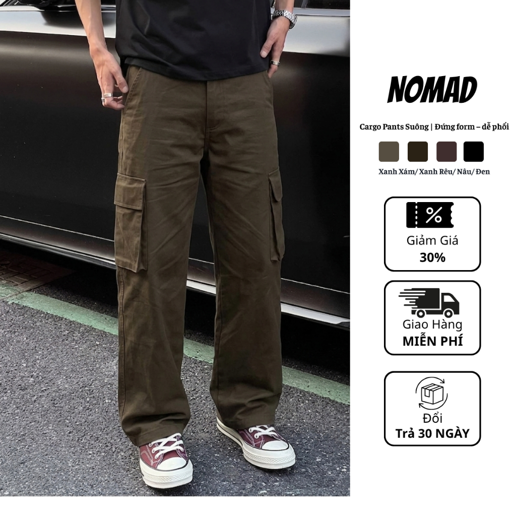 Quần Nomad N02 túi hộp Kaki Form suông ống đứng Hàn Quốc Nomad Menswear, Cargo Pant cạp bán chun, vả