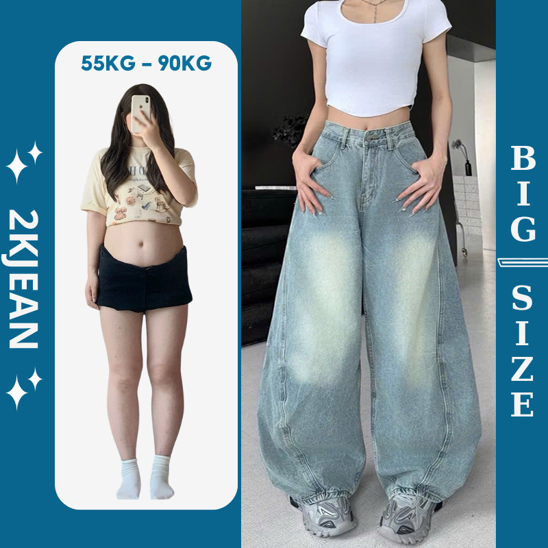 Quần ống rộng jean nữ trơn Bigsize 55-90kg, kiểu form suông thụng unisex hàng QC 2KJeans QC256