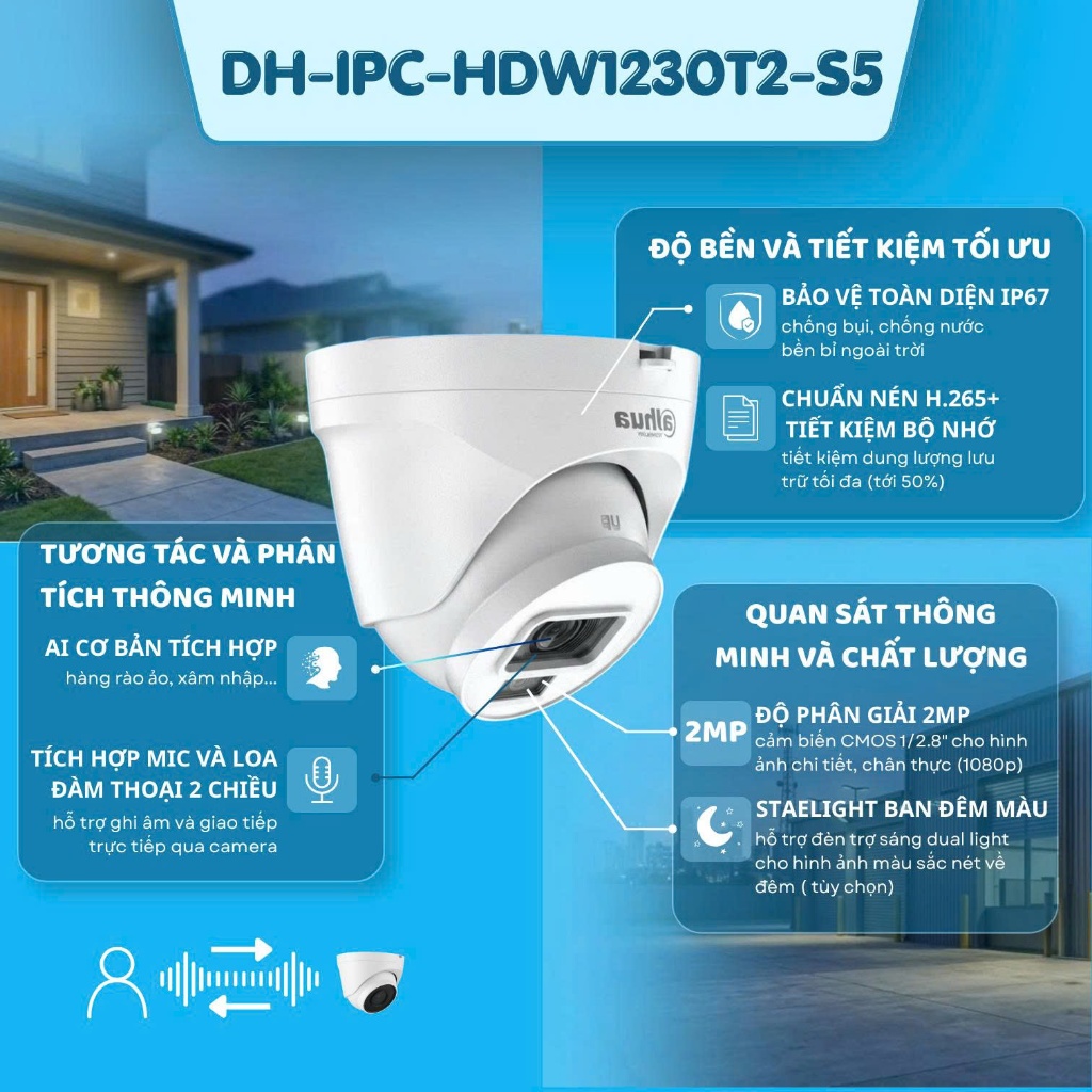 Camera Dahua IP Dome 2MP HDW1230T2-S5, Công Nghệ PoE Tiện Lợi, Hồng Ngoại 30m, Bảo Hành 2 Năm