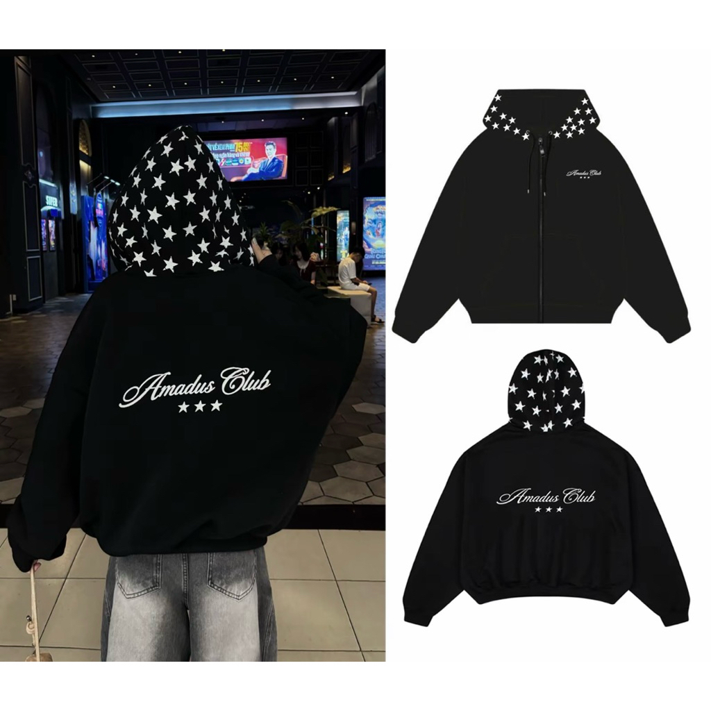 MẪU MỚI ] ÁO HOODIE ZIP BOXY Phối Nón Khoá kéo 2 chiều in Amadus Club nỉ bông + chân cua form unisex