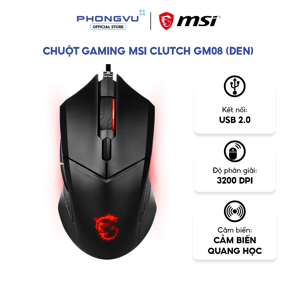 Chuột gaming MSI Clutch GM08 (Đen) - Bảo hành 12 tháng