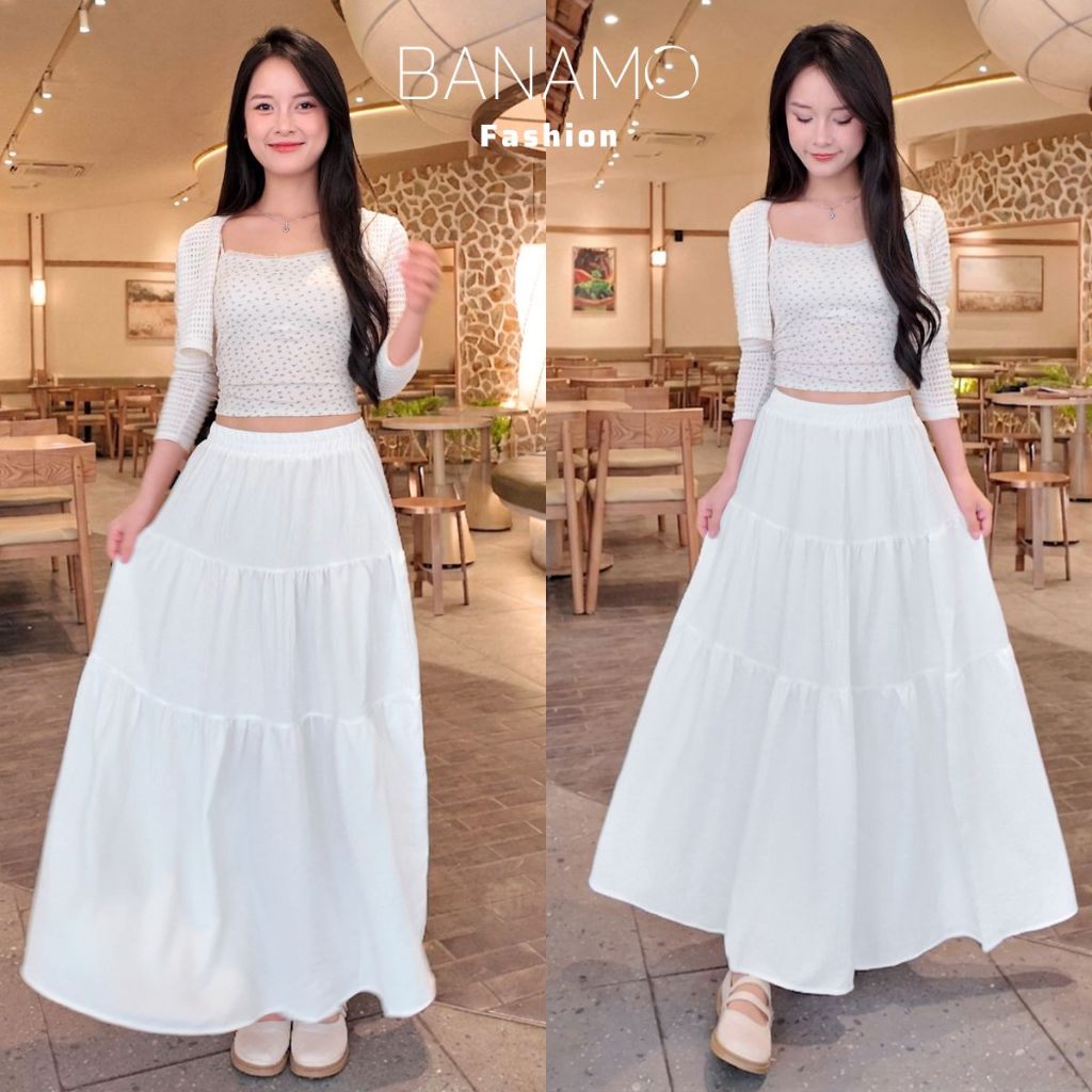 Chân váy nữ BIGSIZE Banamo Fashion váy trơn xếp ly nhún 3 tầng dáng dài chất đũi vân mây nhiều màu siêu xinh 520 | BigBuy360 - bigbuy360.vn