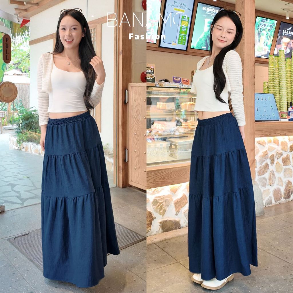Chân váy nữ BIGSIZE Banamo Fashion váy trơn xếp ly nhún 3 tầng dáng dài chất đũi vân mây nhiều màu siêu xinh 520 | BigBuy360 - bigbuy360.vn