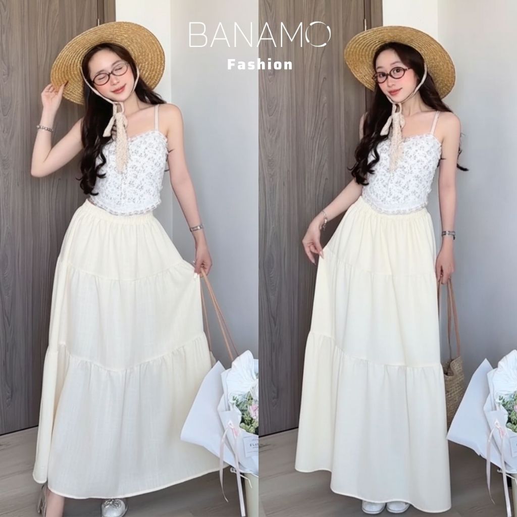 Chân váy nữ BIGSIZE Banamo Fashion váy trơn xếp ly nhún 3 tầng dáng dài chất đũi vân mây nhiều màu siêu xinh 520 | BigBuy360 - bigbuy360.vn