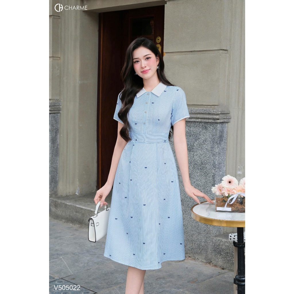 Váy cộc tay cổ sơ mi dáng dài Charme Store 505022