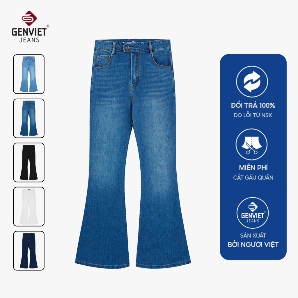 Quần jean nữ ống loe GENVIET JEANS cạp cao hack dáng dễ phối đồ đi học đi làm basic dài chân TQ1210J