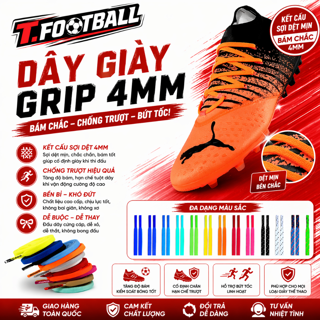 Dây Giày Đá Bóng T.FOOTBALL Grip 4mm Chống Tuột