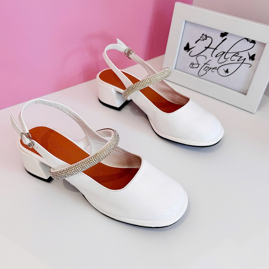 Giày búp bê marry jane gót vuông 5cm HALEY STORE quai ngang đính đá xoàn tiểu thư công chúa cổ điển 