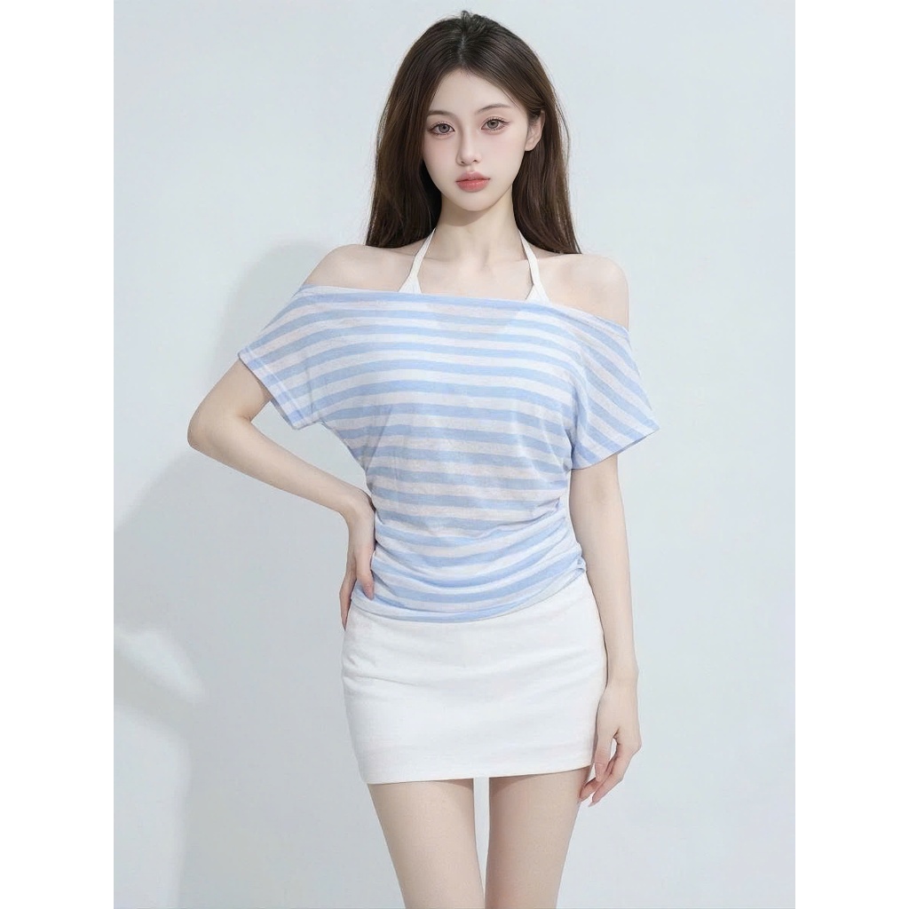 [MỞ BÁN] Áo Trễ Vai Thun Giấy Sọc Ngang Nhún Eo Phối Áo 2 Dây Cổ Yếm Tôn Dáng Style Hè Đi Biển Mặc Mỏng Mát Giveme | BigBuy360 - bigbuy360.vn