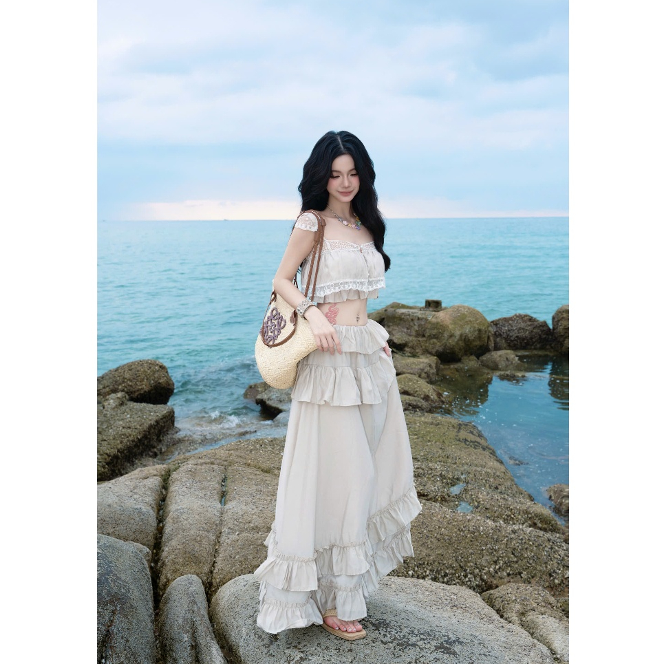 Set váy maxi nữ áo và chân váy đi biển công chúa xoè dài DOUYIN style