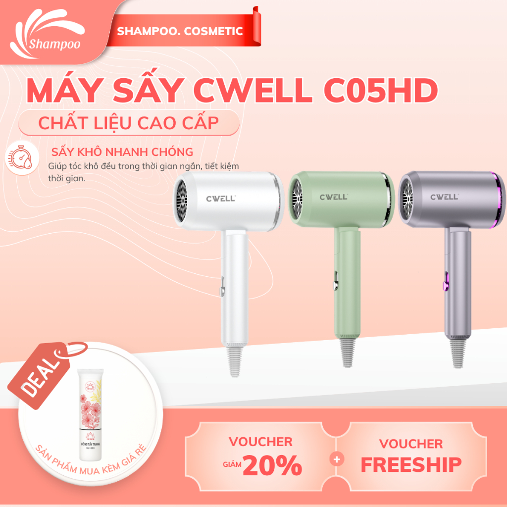Máy sấy tóc CWELL 1800W gấp gọn 2 chiều nóng lạnh, 3 chế độ nhiệt, ánh sáng xanh- BẢN NÂNG CẤP C05HD