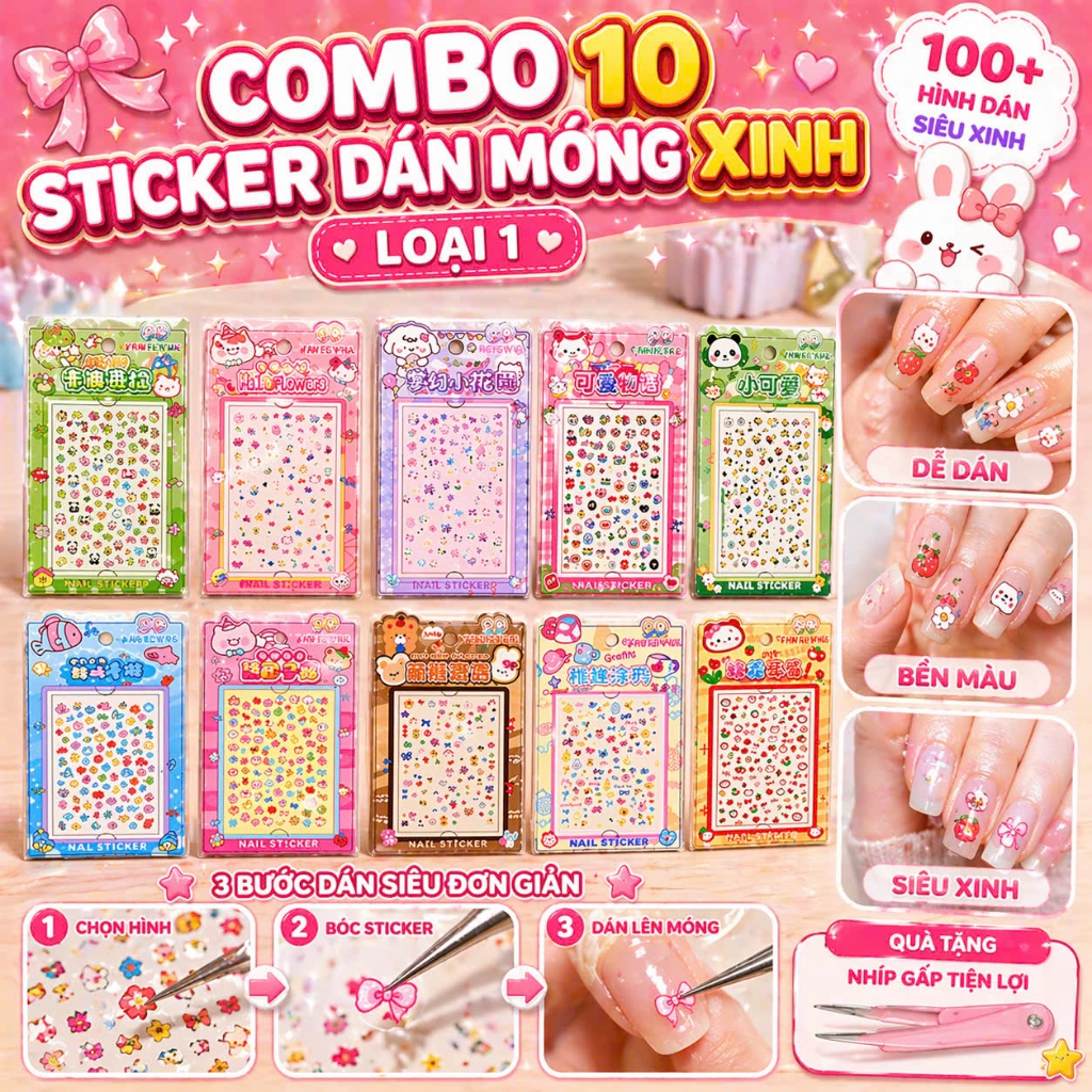 Combo 10 miếng Dán móng tay, sticker dán móng dễ thương
