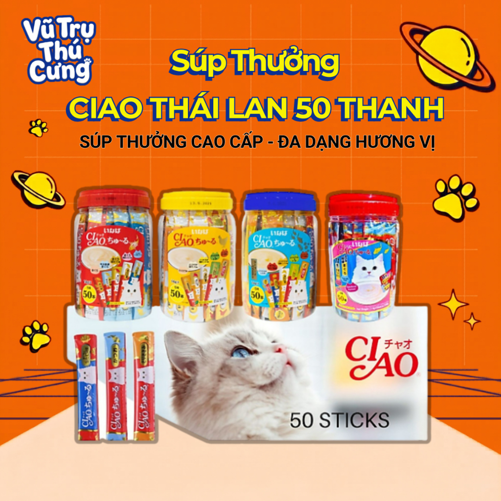 Súp thưởng Ciao Thái Lan cho Mèo, hộp 50 thanh đủ vị