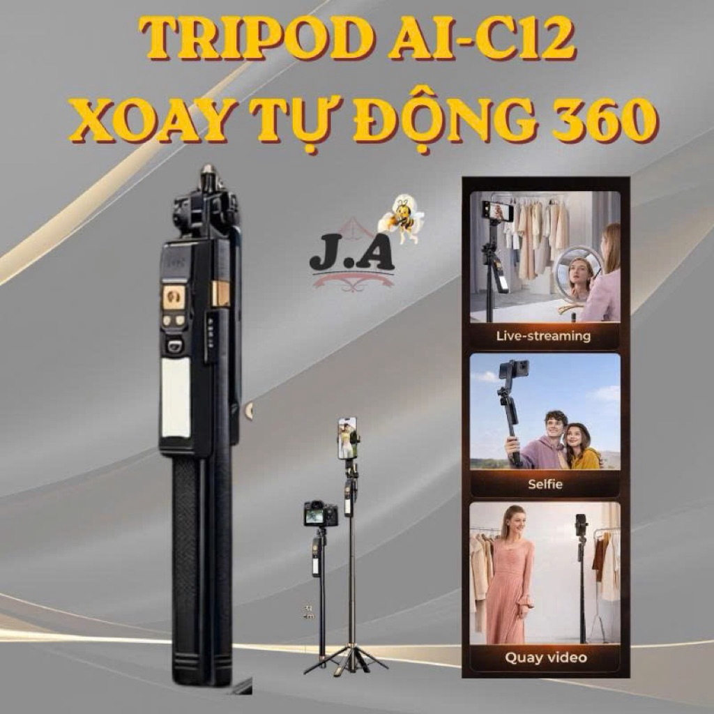 Gậy Selfie Tripod C12 1m8 Xoay 360°, Gimbal AI Tracking, Remote Bluetooth , Tripod Livestream, Quay 