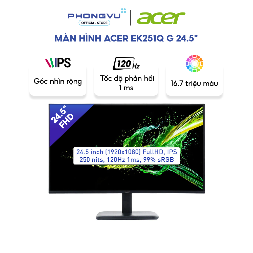 Màn Hình/ LCD ACER EK251Q G 24.5INCH/1920X1080@120Hz/IPS/VGA/HDMI/LED/ĐEN(UM.KE1SV.G01) - Bảo hành 3