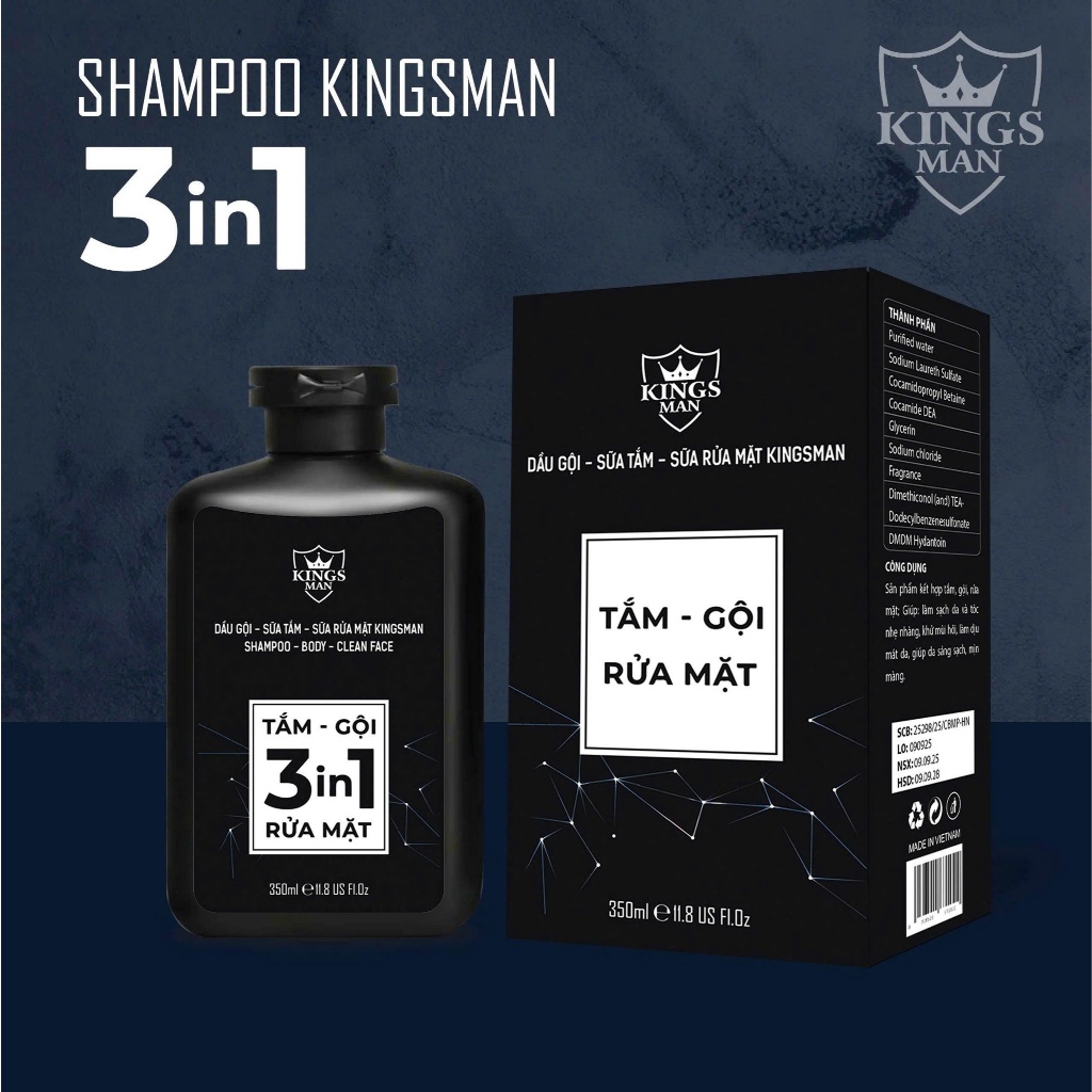 Sữa Tắm Gội Rửa Mặt Nam Kingsman 3in1 350ml - Dưỡng Ẩm Da, Tẩy Tế Bào Chết, Làm Sạch Toàn Thân