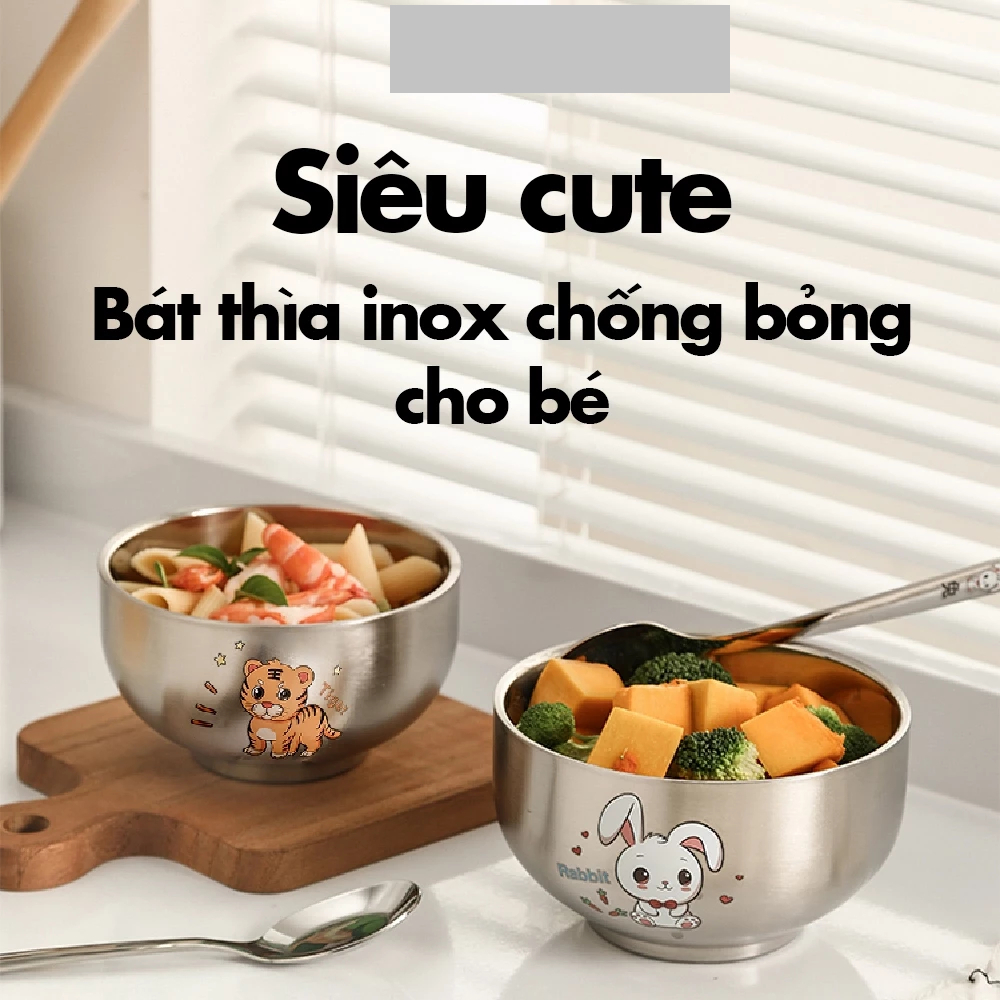 Bát inox cách nhiệt siêu nhẹ,Bát ăn cơm cho bé inox 400ml in hình màu cho bé trai bé gái 3 lớp cách nhiệt in hình cute