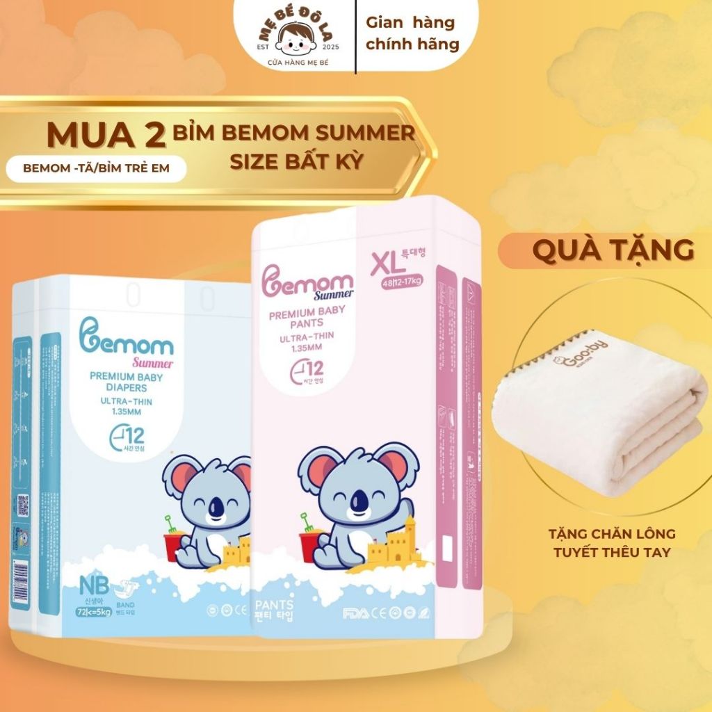 2 Bịch Tã Bỉm Bemom Summer - Tặng Chăn Lông Tuyết Thêu Tay - Tã Dán Quần Bemom Summer Full Size