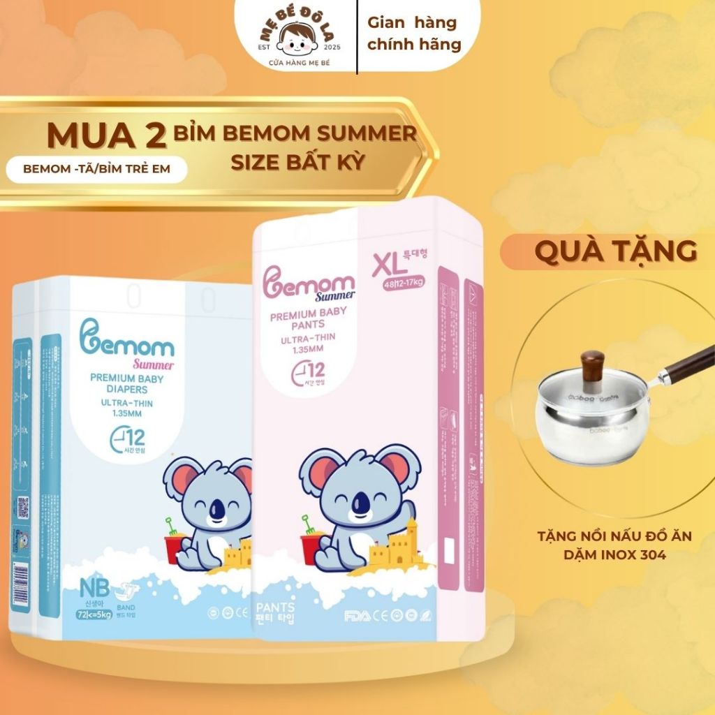 2 Bịch Tã Bỉm Bemom Summer - Tặng Nồi Nấu Đồ Ăn Dặm Inox 304- Tã  Bemom Summer Full Size NB-XXXL