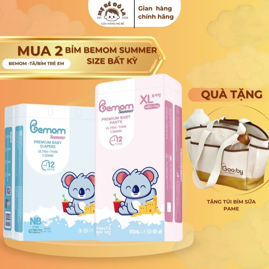 2 Bịch Tã Bỉm Bemom Summer - Tặng Túi Bỉm Sữa Pame - Tã Dán Quần Bemom Summer Full Size NB-XXXL