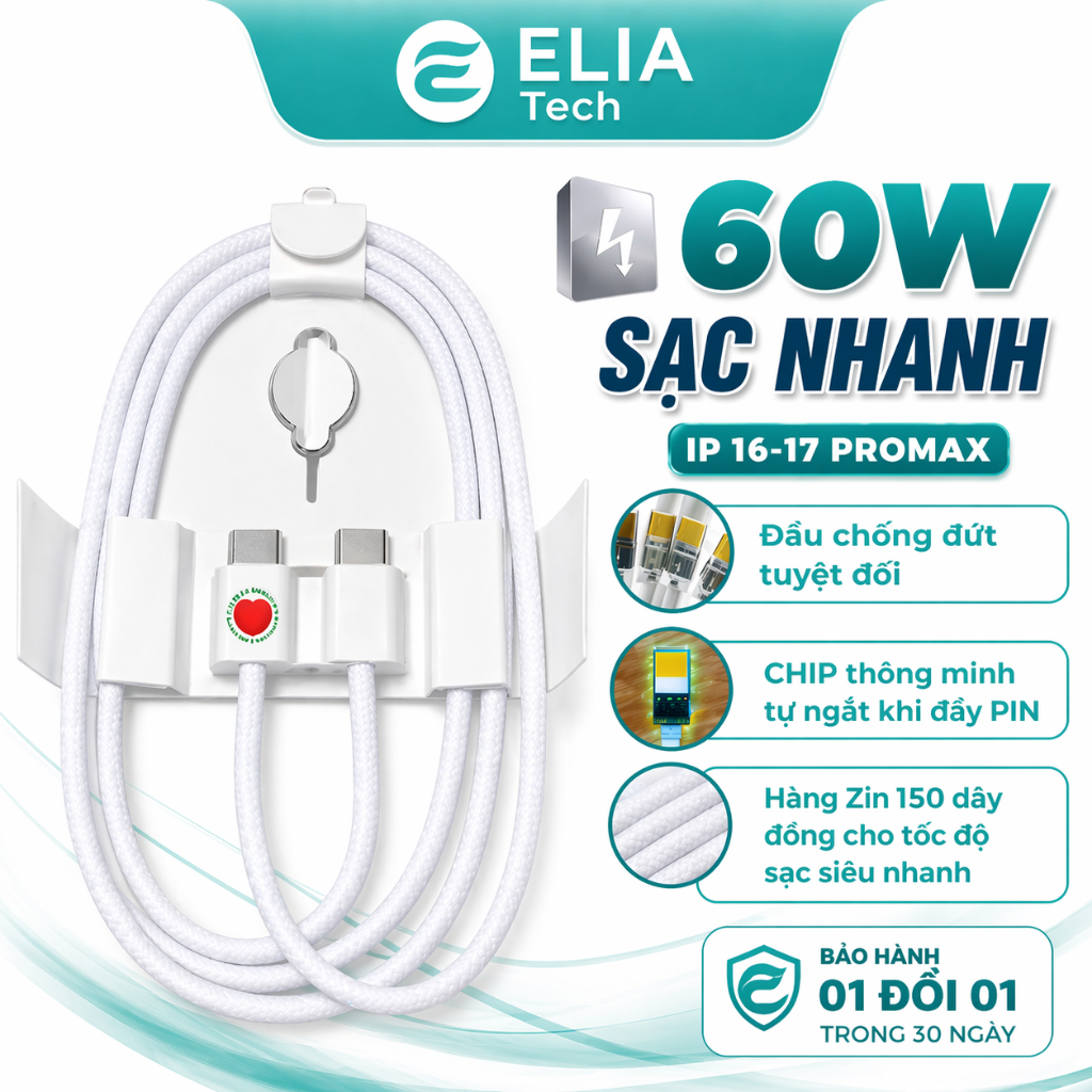 Dây Sạc Nhanh PD60W Đầu Type C, Cáp Dù Bện Lưới Chống Đứt Gẫy Cho ip15/16/17promax, Lỗi 1 Đổi 1- ELI