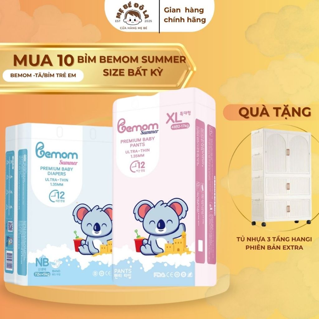 10 Bịch Tã Bỉm Bemom Summer - Tặng Tủ Nhựa 3 Tầng Hangi Phiên Bản Extra - Tã Dán Quần Bemom Summer F