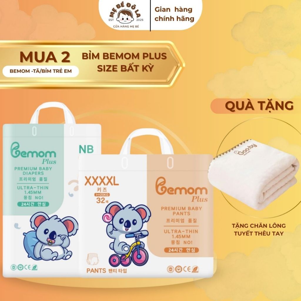 2 Bịch Tã Bỉm Bemom Plus - Tặng Chăn Lông Tuyết Thêu Tay - Tã Dán Tã Quần Bemom Plus Full Size