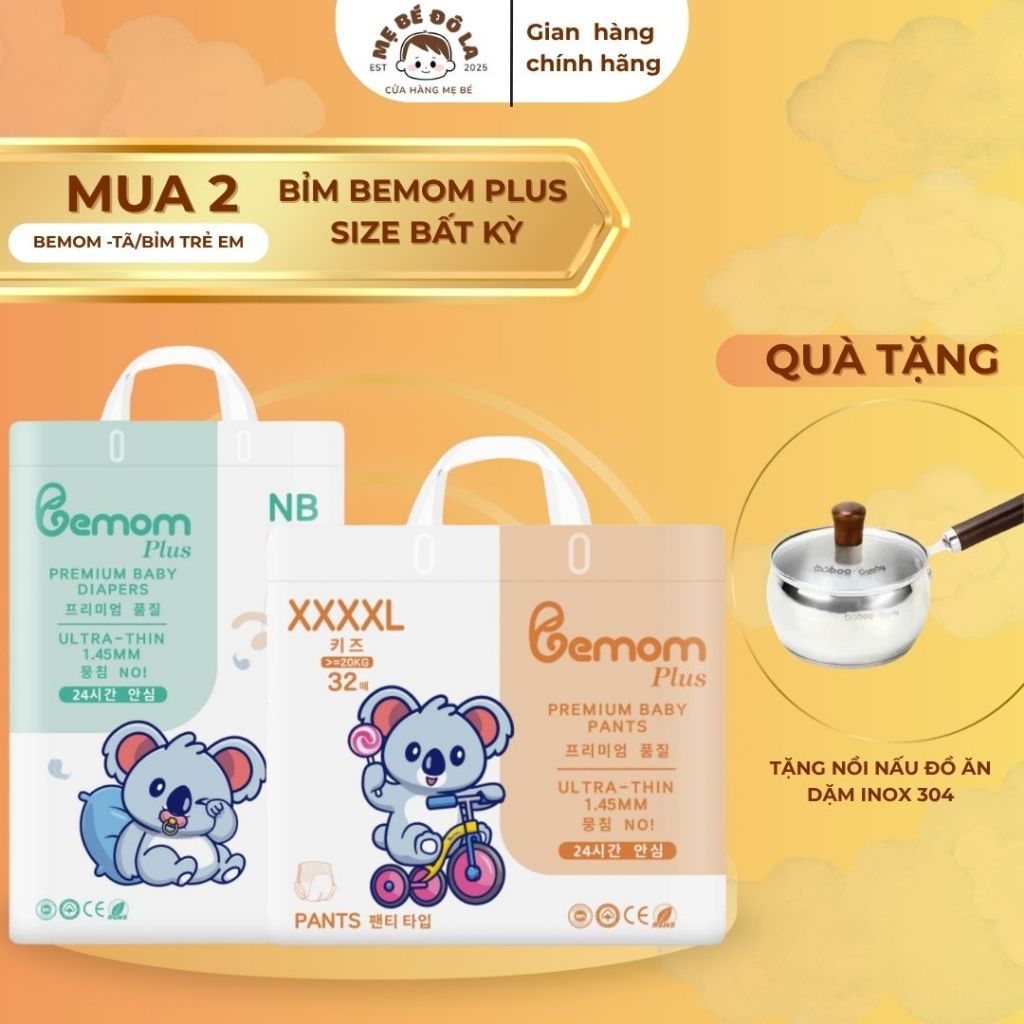 2 Bịch Tã Bỉm Bemom Plus - Tặng Nồi Nấu Đồ Ăn Dặm Inox 304 - Tã Dán Tã Quần Bemom Plus Full Size