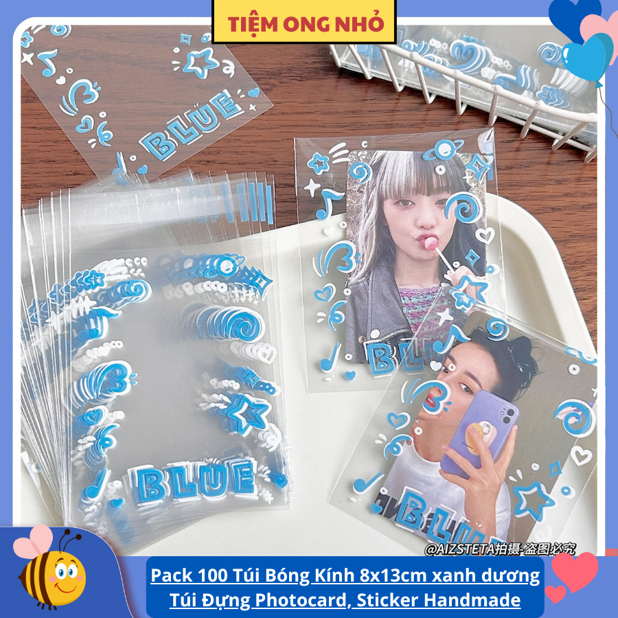 Pack 100 Túi Bóng Kính Xanh Dương 8x10+3cm Trong Suốt, Bao Bì Đựng Photocard, Túi Seal Miệng Keo