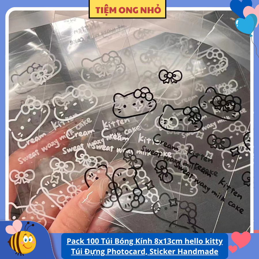 Pack 100 Túi Bóng Kính Hello Kitty 8x10+3cm Trong Suốt, Họa Tiết Dễ Thương, Phụ Kiện Gói Quà Tặng