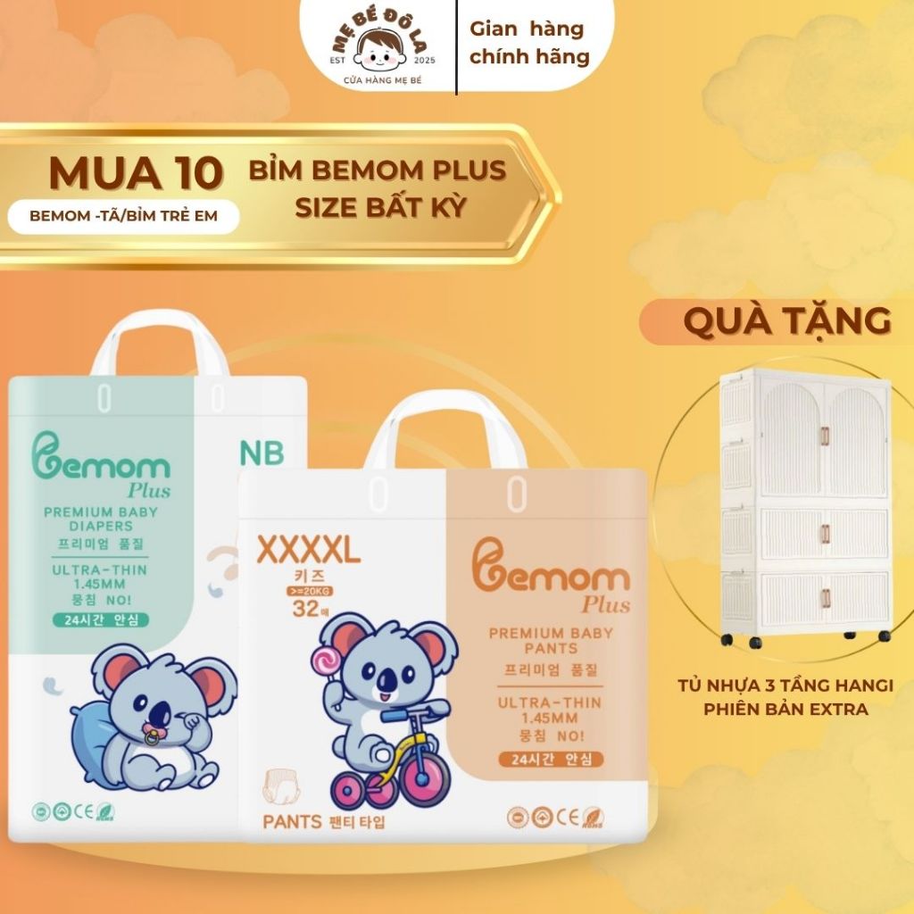 10 Bịch Tã Bỉm Bemom Plus - Tặng Tủ Nhựa 3 Tầng Hangi Phiên Bản Extra - Tã Dán Tã Quần Bemom Plus Fu