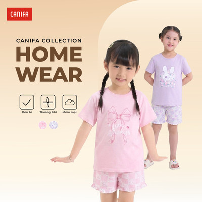 Bộ quần áo bé gái CANIFA áo thun cộc tay quần in họa tiết chất liệu mềm mát 1LS26S002