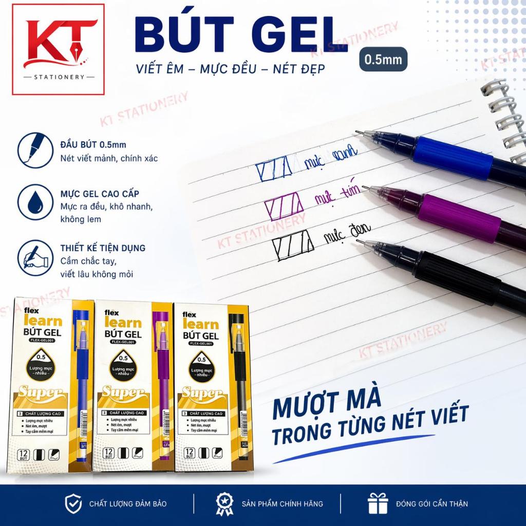(FLEX-GEL001) Hộp 12 cây bút gel 0.5mm thương hiệu FLEX mực đậm, viết êm, mau khô (mực tím, xanh, đe