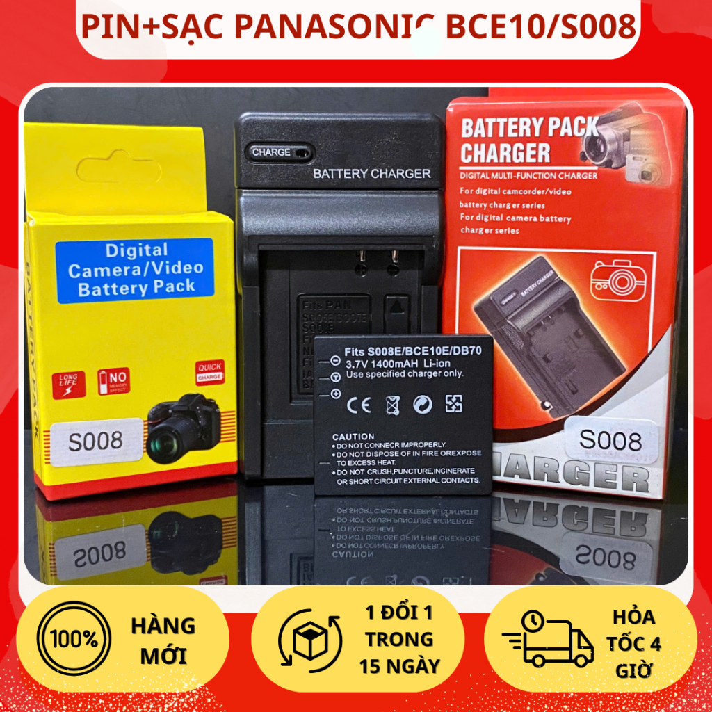 Bộ Sạc, Pin Thay Thế Panasonic BCE10/S008 cho Lumix DMC-FX30, FX33, FX35, FX37, FX55, FX500 / FX520
