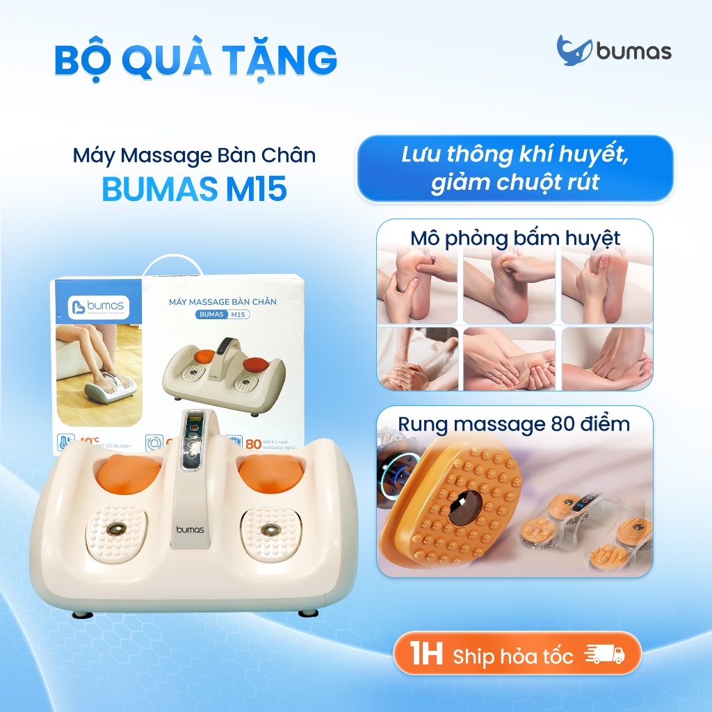 [Set Quà] Máy Massage Bàn Chân BUMAS M15 - Chườm Ấm Mát Xa Rung Bấm Huyệt Xoa Bóp Giảm Đau Bàn Chân