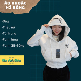 Áo Khoác nỉ Dệt Bông form ngắn lửng thêu nơ nón nơ áo, áo khoác form 35-60kg có túi trong hoodie Zip Women