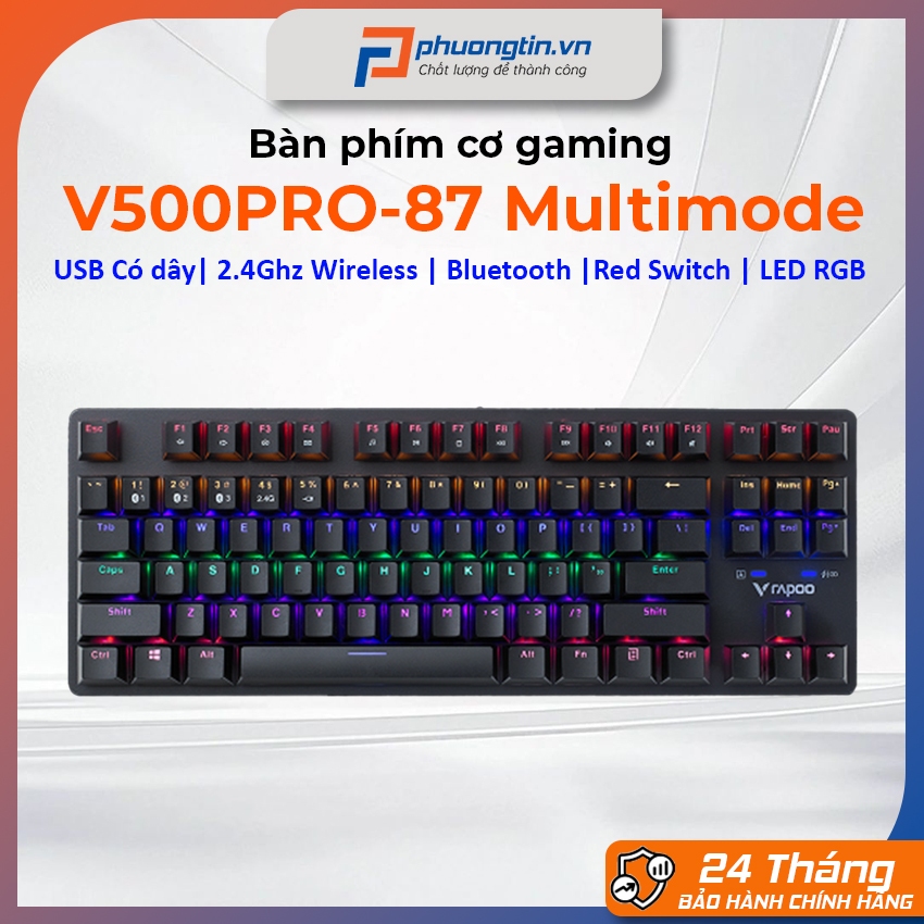 Bàn phím cơ Rapoo V500 Pro 87 Multi Mode (Wireless 2.4Ghz/ Bluetooth/ Có dây USB/ LED RGB/ Red switc