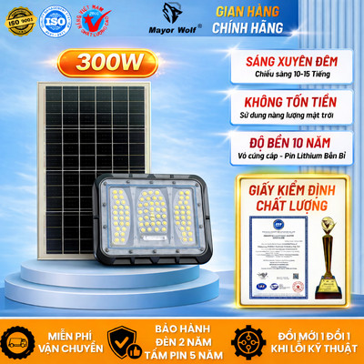 Đèn Pha Năng Lượng Mặt Trời 300W Mayor Wolf Mắt Ngọc Sân Vườn Cổng Nhà Bãi Xe Nhà Xưởng Chống Nước Điều Khiển Từ Xa