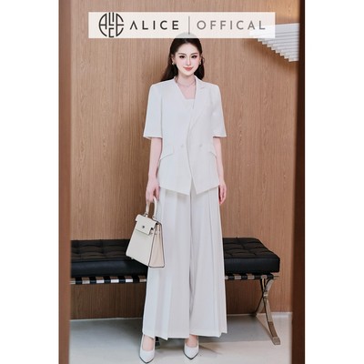 Set Công Sở Thanh Lịch Alice Chất Chéo Rubi 3 Chi Tiết Áo Quây 2 Dây, Quần Dài Ống Rộng Xếp Ly Kèm Blazer Cổ Gấp T390-SX