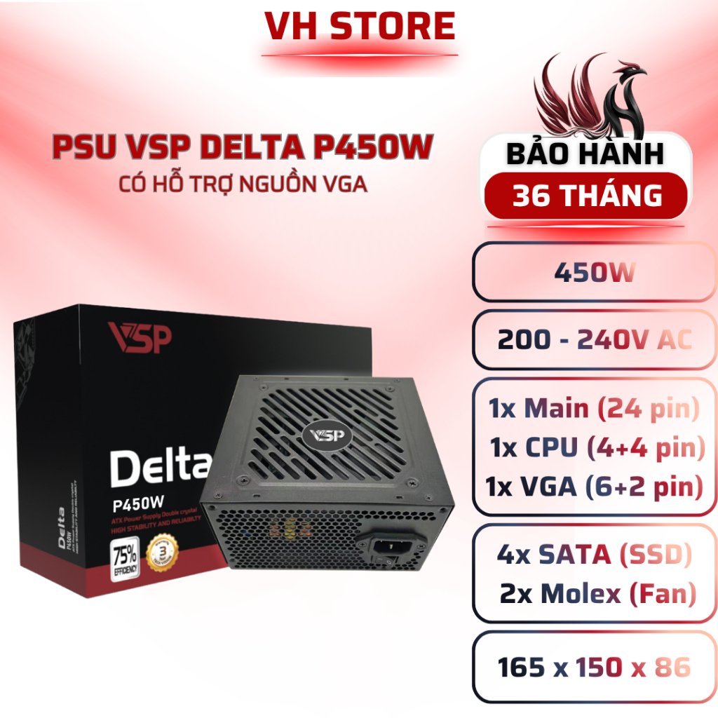 Nguồn VSP DELTA P450W 450W ATX Giá Rẻ Cho PC Gaming - BẢO HÀNH 36 THÁNG - VHSTORE