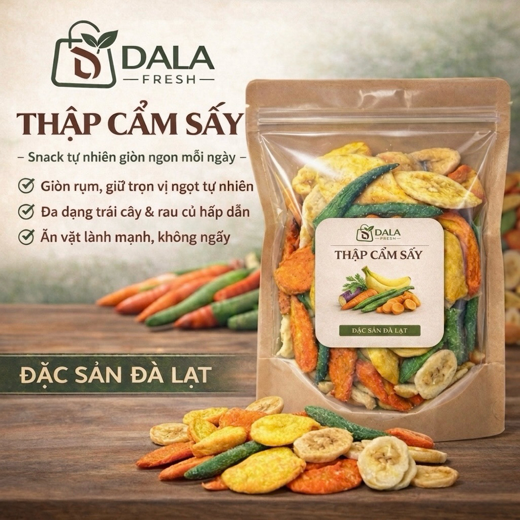 Thập Cẩm Sấy Giòn DL Fresh – Snack Rau Củ Trái Cây Sấy Đà Lạt Tự Nhiên, Ăn Vặt Lành Mạnh