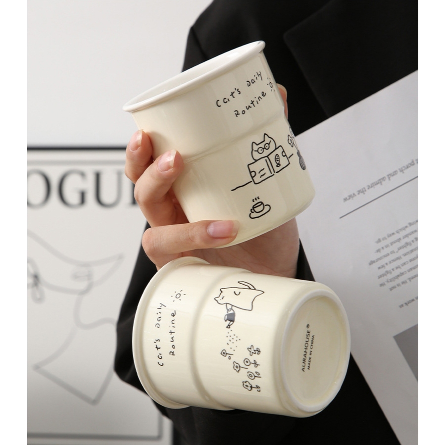 Cốc Sứ Uống Cà Phê 250ml Có Nắp | Ly Cute Hình Mèo Minimal | Cốc Trà Sữa, Cà Phê Mang Đi