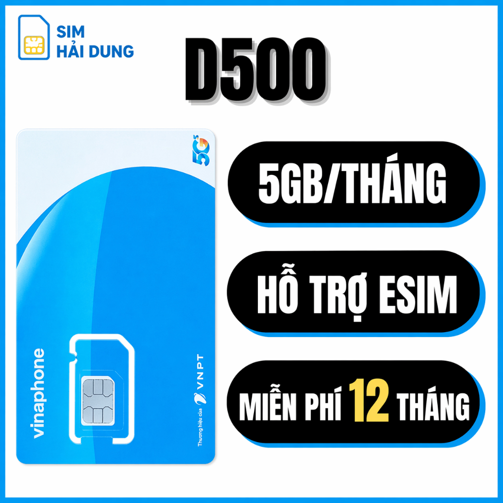 Sim 5G Vinaphone D500 , Tặng 5GB/Tháng Dùng 12 Tháng Không Cần Nạp Tiền
