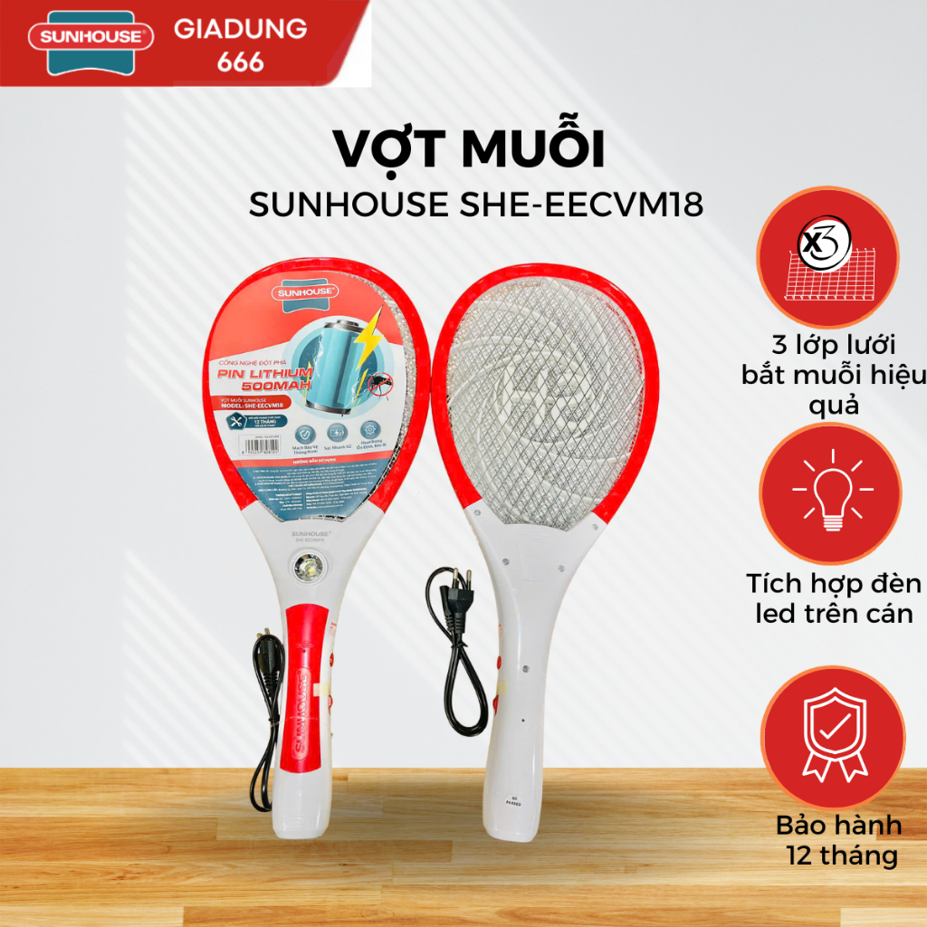 Vợt Muỗi Sunhouse SHE-S600 - Thiết Bị Gia Đình Ngoại Nhập, Kích Thước 520x30x213mm, Màu Đỏ