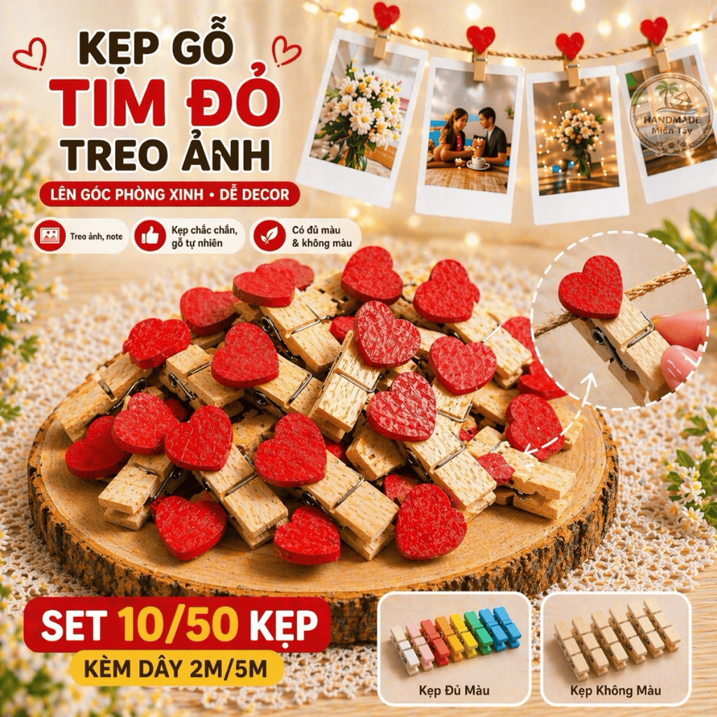 Kẹp Gỗ Mini Treo Ảnh Kèm Dây Thừng 5m, Combo 50 Kẹp Decor Phòng Vintage Handmade, Treo Ảnh