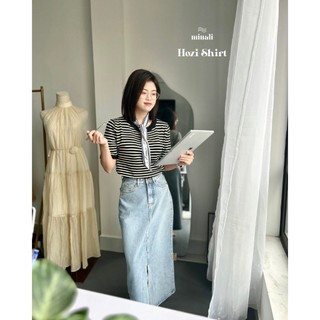 Áo thun dệt kim thoáng khí tay ngắn cổ tròn phối kẻ ngang phong cách hàn quốc Minali Store
