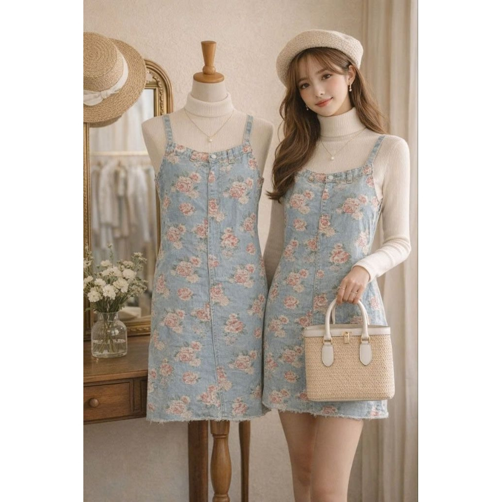 🌸 Yếm Jean Họa Tiết Hoa Hồng – Soft Girl Vintage Style