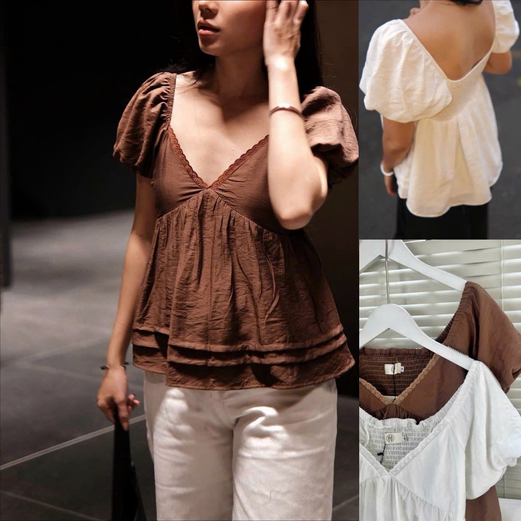 Trắng/ Nâu Tơ mềm mát Có lót Áo babydoll cổ tim viền ren thân xếp ly ngang tay ngắn bồng lưng bo chu