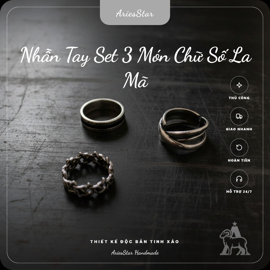 Nhẫn Tay Set 3 Món Chữ Số La Mã AriesStar - Phụ Kiện Hàng Ngày - Cổ Điển - Unisex - Mã NT013
